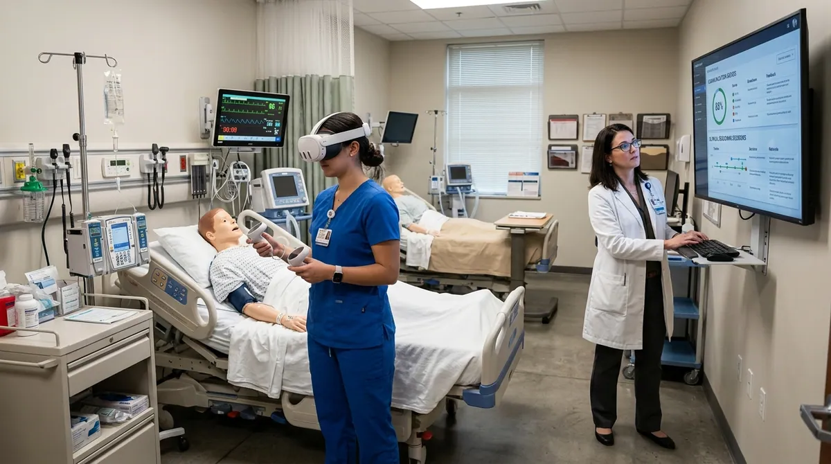 Nursing student in scrubs wearing a Meta Quest VR headset conducts a patient assessment on a responsive virtual patient in a simulated hospital room while a clinical simulation educator reviews communication scores and clinical reasoning decisions on a training monitor