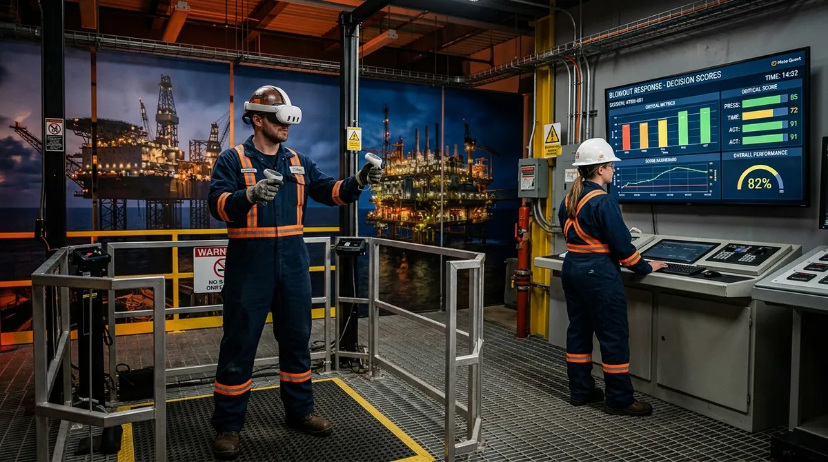 Oil and gas safety trainer observes a rig worker in a Meta Quest VR headset practicing H2S detection and emergency escape response in a simulated offshore platform environment