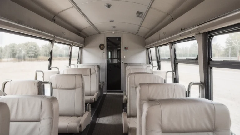 A commercial passenger bus interior with seats and grab rails and an exterior view of the boarding door, shown without people, for The Prime VR immersive training.