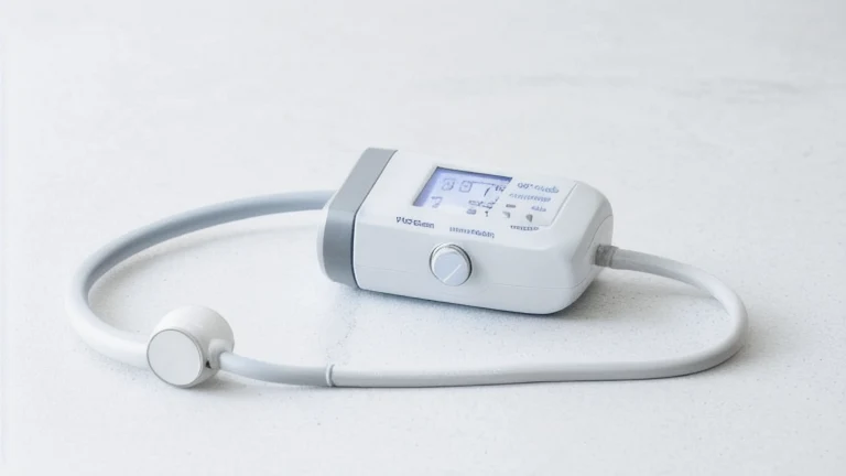 A clean hospital equipment station with a vital signs monitor, a blood pressure cuff and labeled supplies, shown without people, for The Prime VR immersive training.