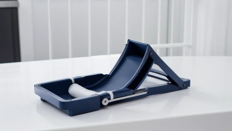 A gait belt, mechanical patient lift and slide sheet beside a clean hospital bed, shown without people, for The Prime VR immersive training.