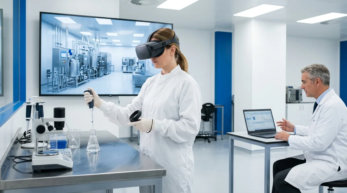 A pharmaceutical worker wearing a VR headset practices cleanroom gowning and aseptic technique in a realistic virtual sterile manufacturing environment, while a quality trainer reviews procedure accuracy on a monitor in a modern pharma training facility, professional photography, no logos.