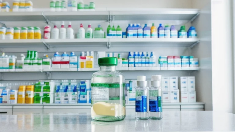 A clean pharmacy counter with prescription vials, a pill counting tray and stocked medication shelving, shown without people, for The Prime VR immersive training.
