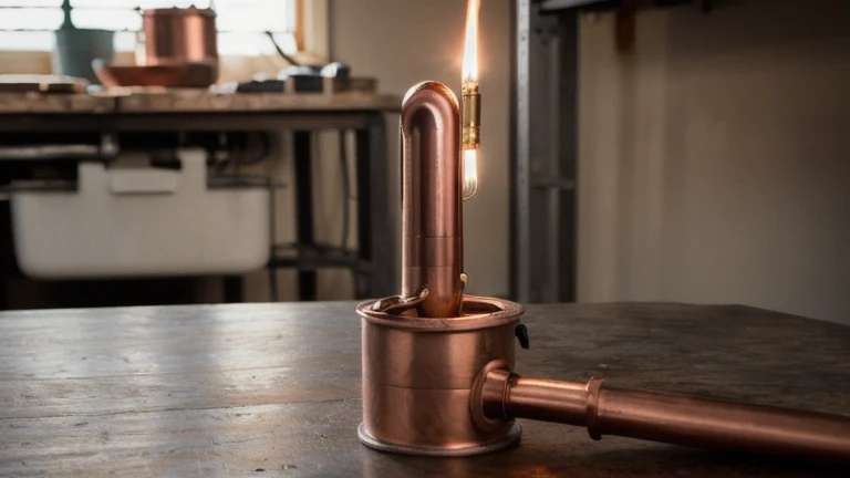 Copper pipe, fittings, flux, solder and a torch laid out on a plumbing workbench, shown without people, for The Prime VR immersive training.
