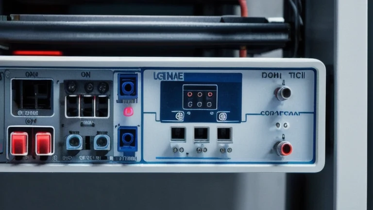 A clean industrial control cabinet with a programmable logic controller, wiring terminals and indicator lights, shown without people, for The Prime VR immersive training.