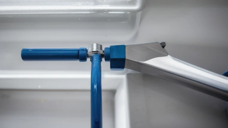 A clean plumbing training bay with pipes, fittings, a pipe wrench and fixtures on a bench, shown without people, for The Prime VR immersive training.