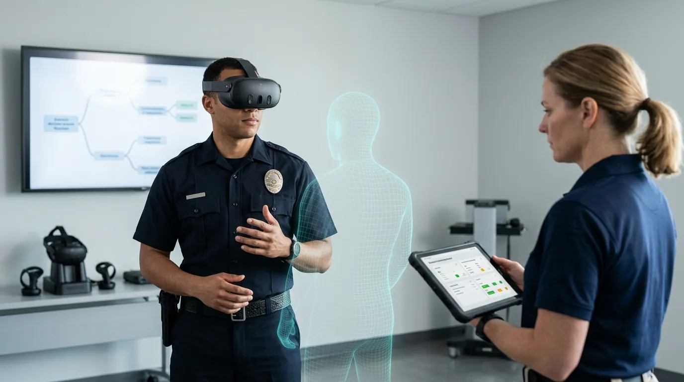 Police officer in a Meta Quest VR headset practices a de-escalation encounter with a responsive simulated civilian persona while a training instructor reviews decision and communication scores on a wall monitor