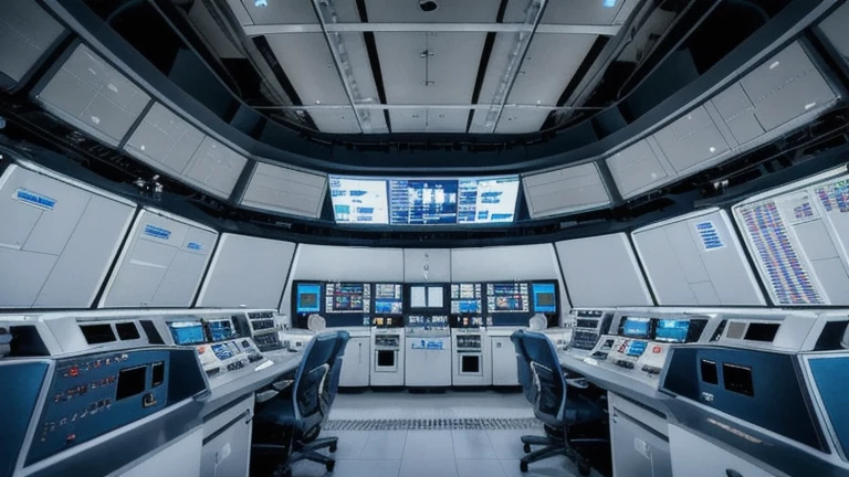 A clean power plant control room with monitoring panels, gauges and control consoles, shown without people, for The Prime VR immersive training.