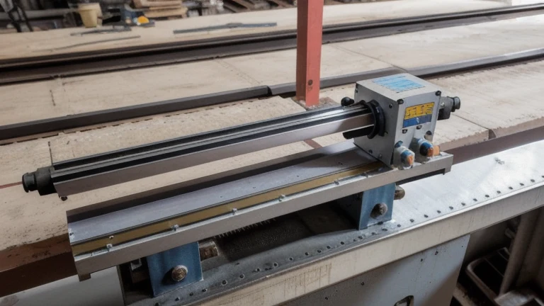 A press brake machine with a punch and die installed and a sheet of metal positioned against the back gauge, shown without people, for The Prime VR immersive training.
