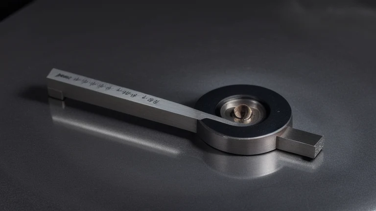 A granite surface plate with a caliper, a micrometer, a dial indicator and a precision part arranged for measurement, shown without people, for The Prime VR immersive training.