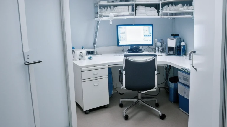 A clean radiology imaging room with an x-ray machine, positioning table and lead apron on a stand, shown without people, for The Prime VR immersive training.