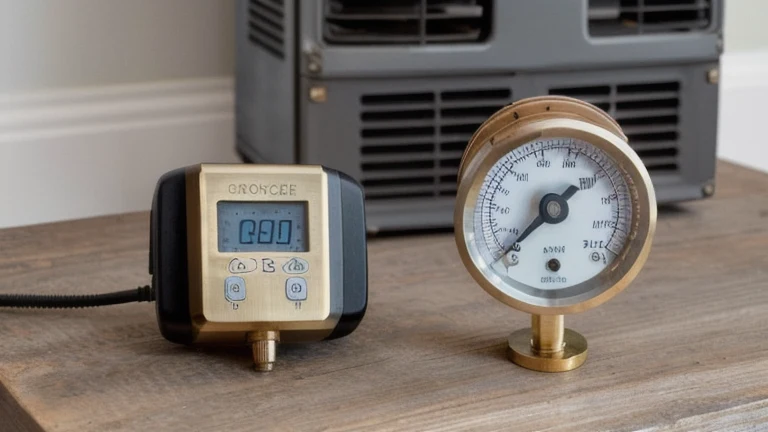A set of manifold gauges, a digital scale with a refrigerant cylinder, and a recovery machine beside a condenser, shown without people, for The Prime VR immersive training.