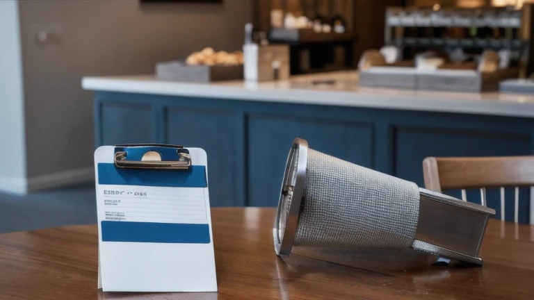 A clean restaurant manager station with a printed schedule, an inventory clipboard, a POS terminal, and a labor cost report on a wooden counter in an empty dining room, shown without people, for The Prime VR immersive training.