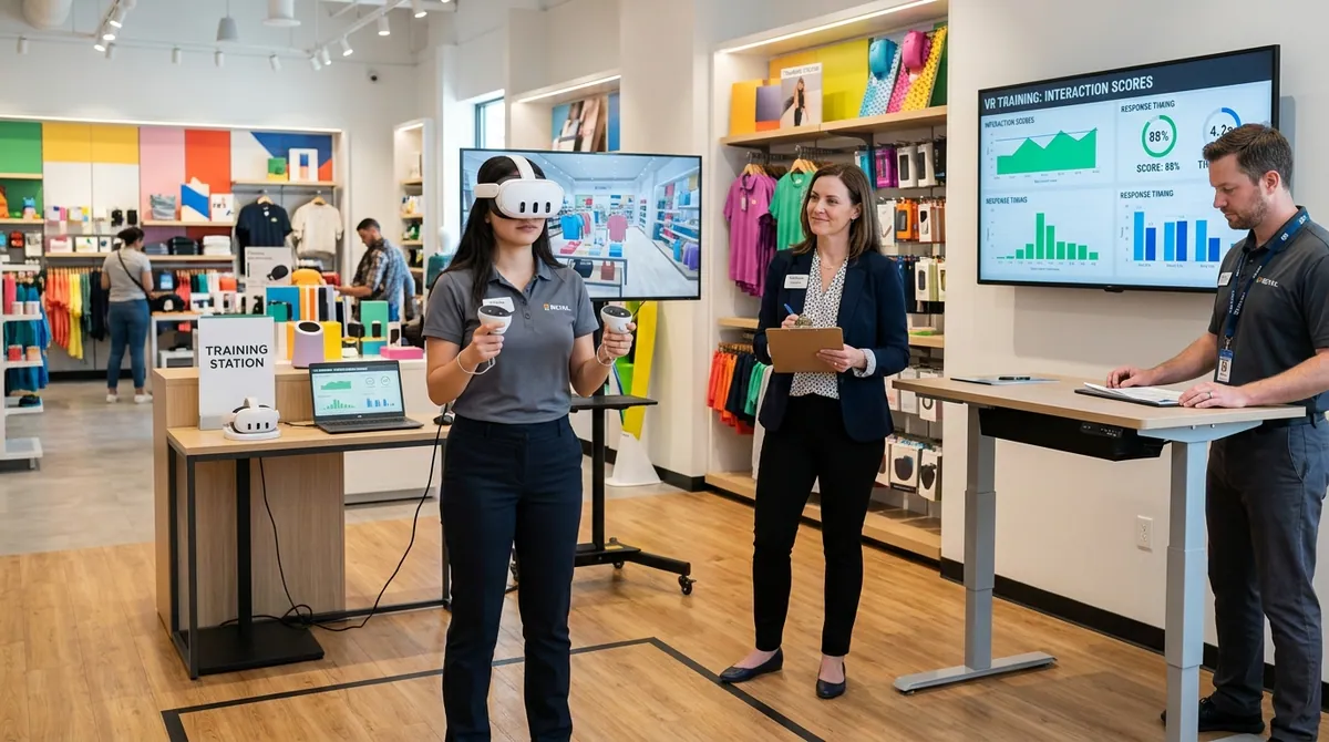 Retail store manager observes a new associate in a Meta Quest VR headset practicing a customer complaint de-escalation scenario in a simulated retail floor environment while a training coordinator reviews customer interaction scores and response timing on a wall-mounted monitor