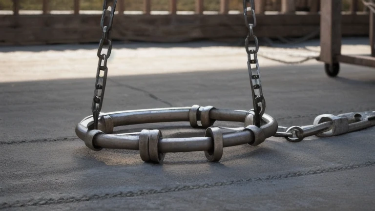 Slings, shackles, and a load chart laid out beside rigging hardware on a lay-down area, shown without people, for The Prime VR immersive training.
