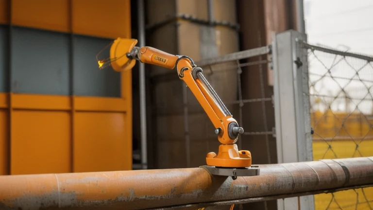 An industrial robotic arm inside a safety-fenced work cell with an interlocked gate and a teach pendant on a stand, shown without people, for The Prime VR immersive training.