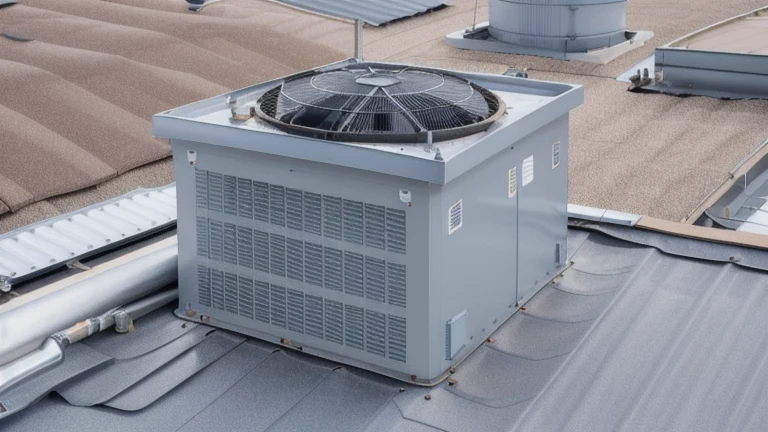 A commercial rooftop HVAC unit with an access panel open showing belts, filters and coils, and a toolbag on the roof deck, shown without people, for The Prime VR immersive training.