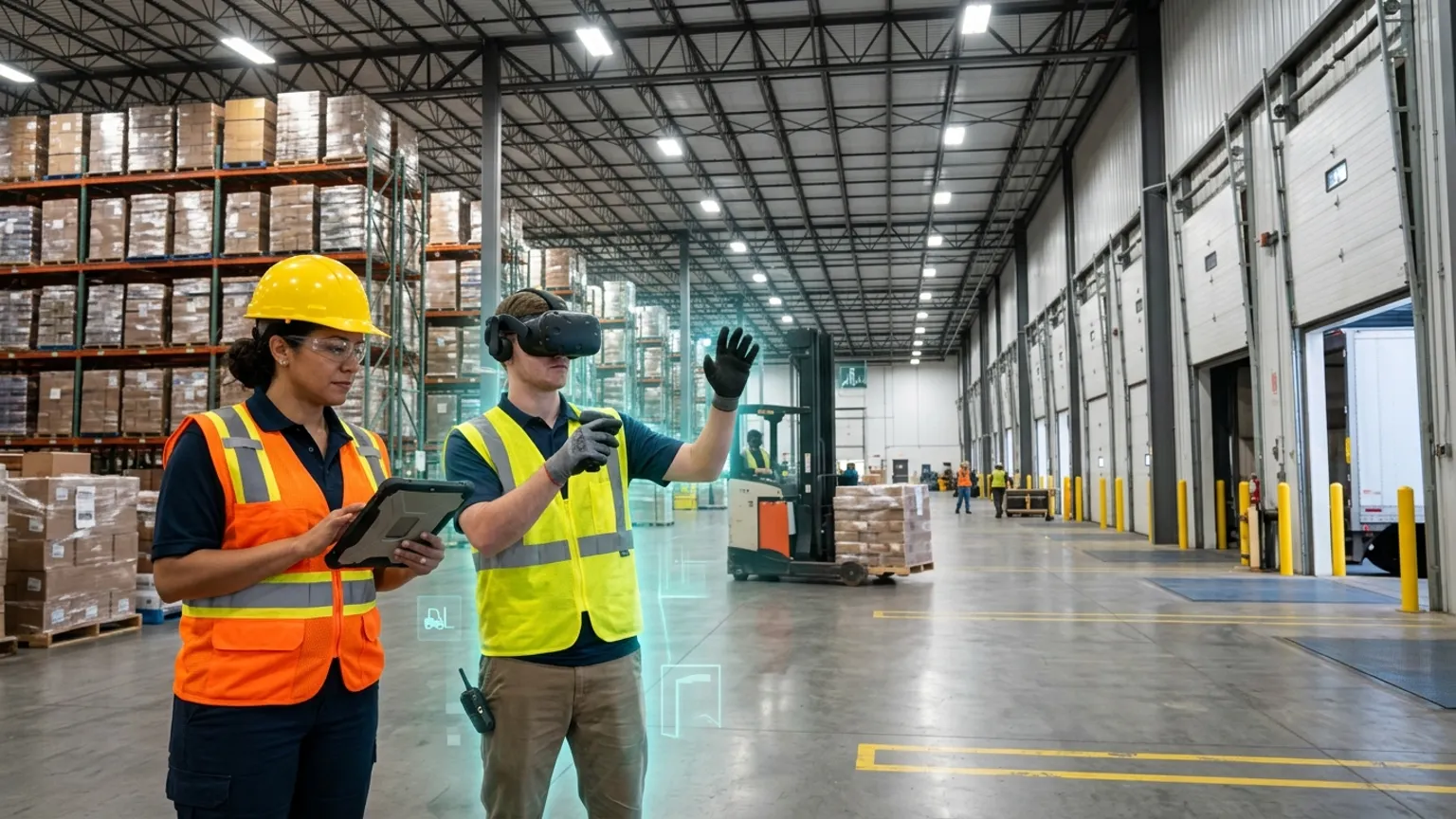 A workplace safety leader in Allentown, Pennsylvania wearing a hard hat and hi-vis vest holds a tablet inside a large Lehigh Valley distribution warehouse while a worker in a VR headset rehearses a forklift, lockout tagout, and dock safety procedure, showing how the best safety training companies in Allentown combine OSHA, warehouse and logistics, manufacturing, and construction safety training with immersive VR safety training across the region's distribution, plant, and building economy, where The Prime VR builds custom virtual reality safety programs for Allentown distribution firms, manufacturers, and contractors to practice high-risk procedures under realistic conditions
