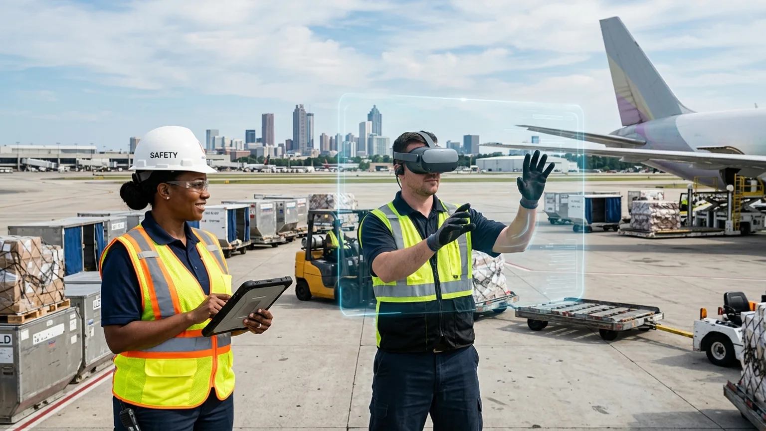 A workplace safety leader in Atlanta, Georgia wearing a hard hat and hi-vis vest holds a tablet at an air cargo and construction site with the Atlanta skyline behind while a worker in a VR headset rehearses a forklift, fall protection, and rigging procedure, showing how the best safety training companies in Atlanta combine OSHA, construction, logistics and aviation, and film production safety training with immersive VR safety training across the region's airport, studio, and building economy, where The Prime VR builds custom virtual reality safety programs for Atlanta logistics firms, contractors, and studios to practice high-risk procedures under realistic conditions
