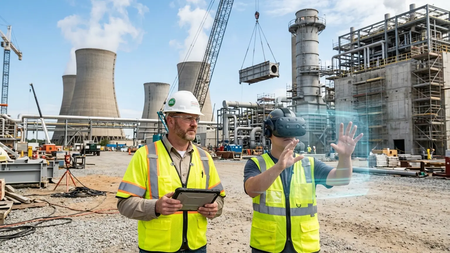 A workplace safety leader in Augusta, Georgia wearing a hard hat and hi-vis vest holds a tablet at a nuclear energy construction and medical facility setting while a worker in a VR headset rehearses a confined space, lockout tagout, and crane rigging procedure, showing how the best safety training companies in Augusta combine OSHA, construction, medical, and nuclear and energy safety training with immersive VR safety training across the region's hospital, energy, and industrial economy, where The Prime VR builds custom virtual reality safety programs for Augusta health systems, energy projects, and contractors to practice high-risk procedures under realistic conditions