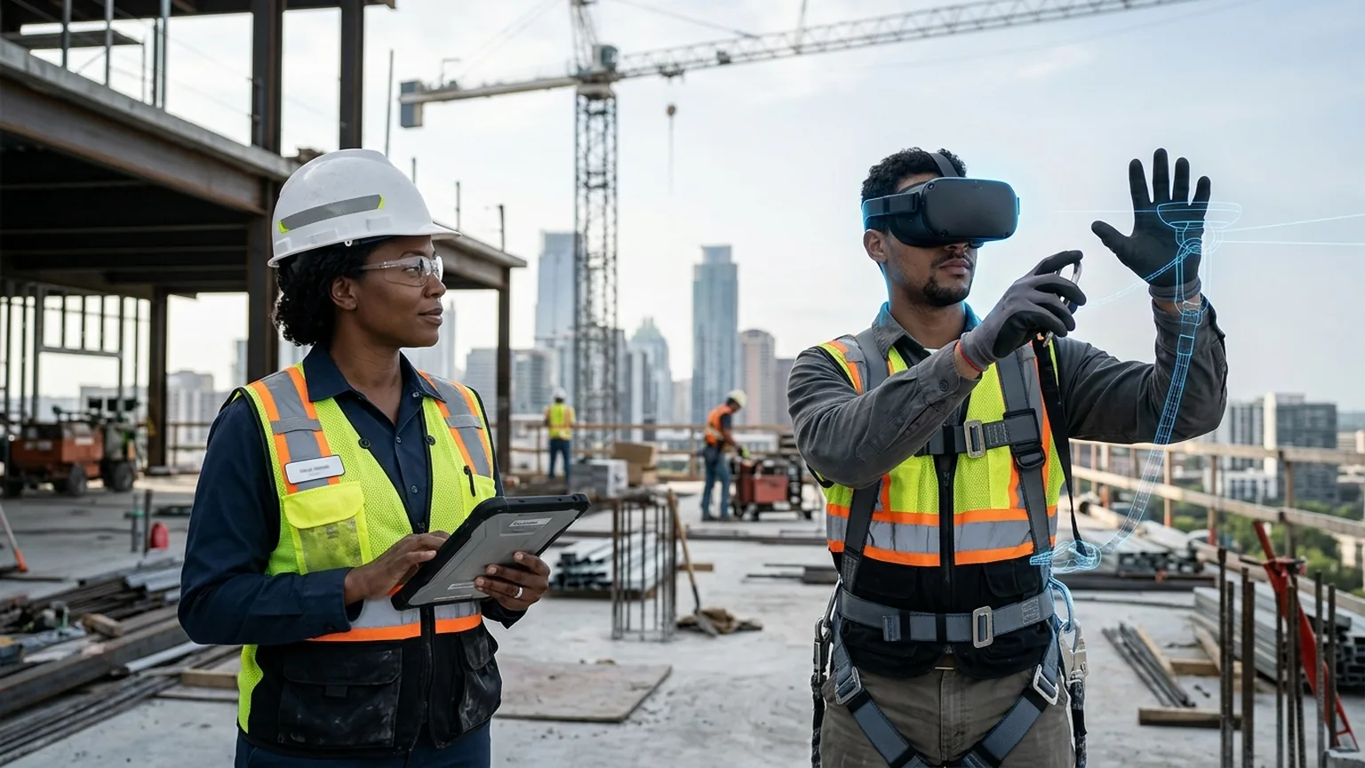 A workplace safety and EHS leader in Austin, Texas wearing a hard hat and hi-vis vest holds a tablet while a construction and semiconductor worker in a VR headset rehearses a fall protection tie-off and cleanroom safety procedure, showing how the best safety training companies in Austin combine OSHA, scaffold and confined space training with immersive VR safety training across construction, semiconductor and technology employers, where The Prime VR builds custom virtual reality safety programs for Austin teams to practice hazard recognition and emergency response under realistic conditions