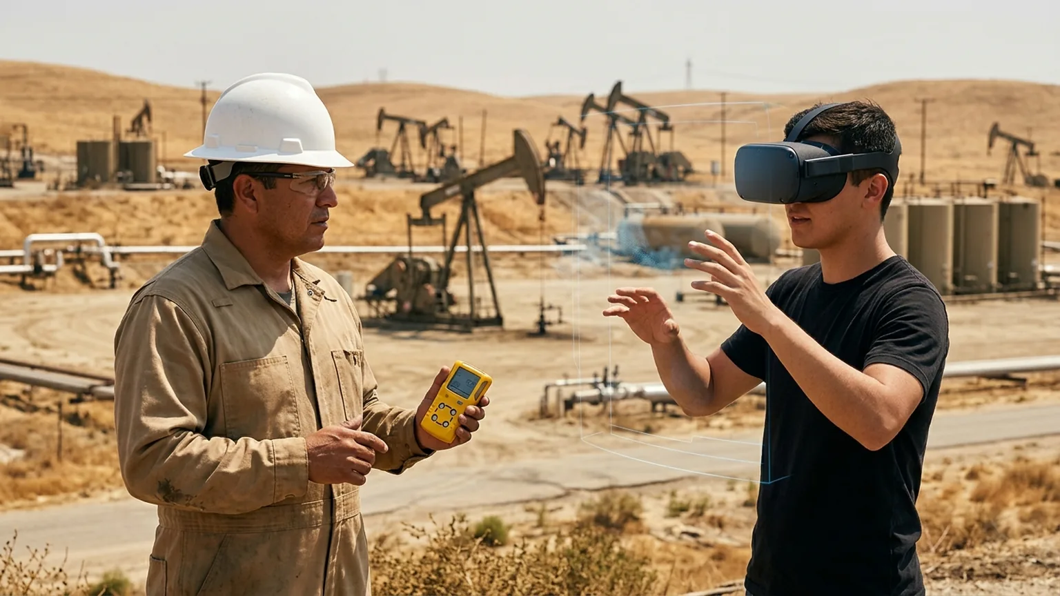 A workplace safety leader in Bakersfield, California wearing a hard hat and flame-resistant coverall holds an H2S gas monitor at a Kern County oil field while a worker in a VR headset rehearses a hydrogen sulfide response and confined space procedure, showing how the best safety training companies in Bakersfield combine Cal/OSHA, H2S, HAZWOPER, heat illness and agricultural safety training with immersive VR safety training across the San Joaquin Valley oil and agriculture economy, where The Prime VR builds custom virtual reality safety programs for Kern County operators to practice high-risk procedures under realistic conditions