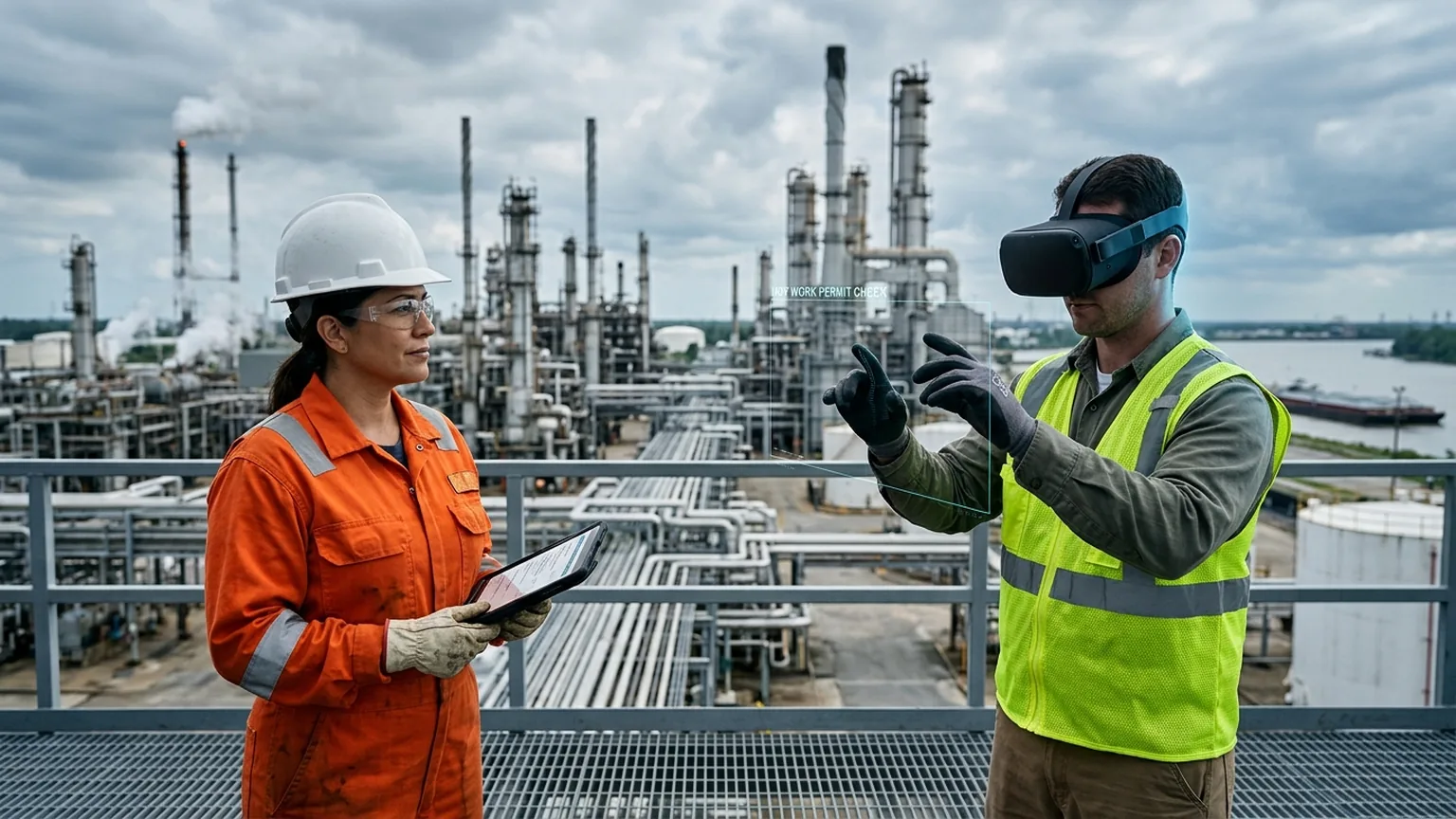 A workplace safety leader in Baton Rouge, Louisiana wearing a hard hat and flame-resistant coverall holds a gas monitor at a Mississippi River refinery while a worker in a VR headset rehearses a confined space entry and hot work procedure, showing how the best safety training companies in Baton Rouge combine OSHA, HAZWOPER, contractor orientation and process safety training with immersive VR safety training across the petrochemical corridor, where The Prime VR builds custom virtual reality safety programs for Baton Rouge refineries and plants to practice emergency response under realistic conditions