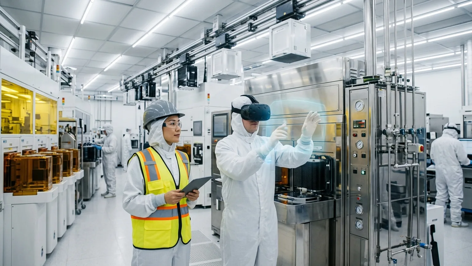 A workplace safety leader in Chandler, Arizona wearing a hard hat and hi-vis vest holds a tablet inside a semiconductor fabrication cleanroom and fab construction setting while a worker in a cleanroom suit and VR headset rehearses a hazardous gas, chemical handling, and lockout tagout procedure, showing how the best safety training companies in Chandler combine OSHA and ADOSH, construction, semiconductor manufacturing, and heat safety with immersive VR safety training across the region's chip, data center, and building economy, where The Prime VR builds custom virtual reality safety programs for Chandler semiconductor firms and contractors to practice high-risk procedures under realistic conditions