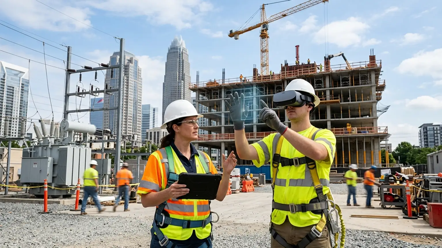 A workplace safety leader in Charlotte, North Carolina wearing a hard hat and hi-vis vest holds a tablet at a high-rise construction and electrical utility site with the Charlotte skyline behind while a worker in a VR headset rehearses an electrical lockout tagout, fall protection, and arc flash procedure, showing how the best safety training companies in Charlotte combine OSHA, construction, energy and utilities, and logistics safety training with immersive VR safety training across the region's finance, power, and building economy, where The Prime VR builds custom virtual reality safety programs for Charlotte contractors, utilities, and logistics firms to practice high-risk procedures under realistic conditions