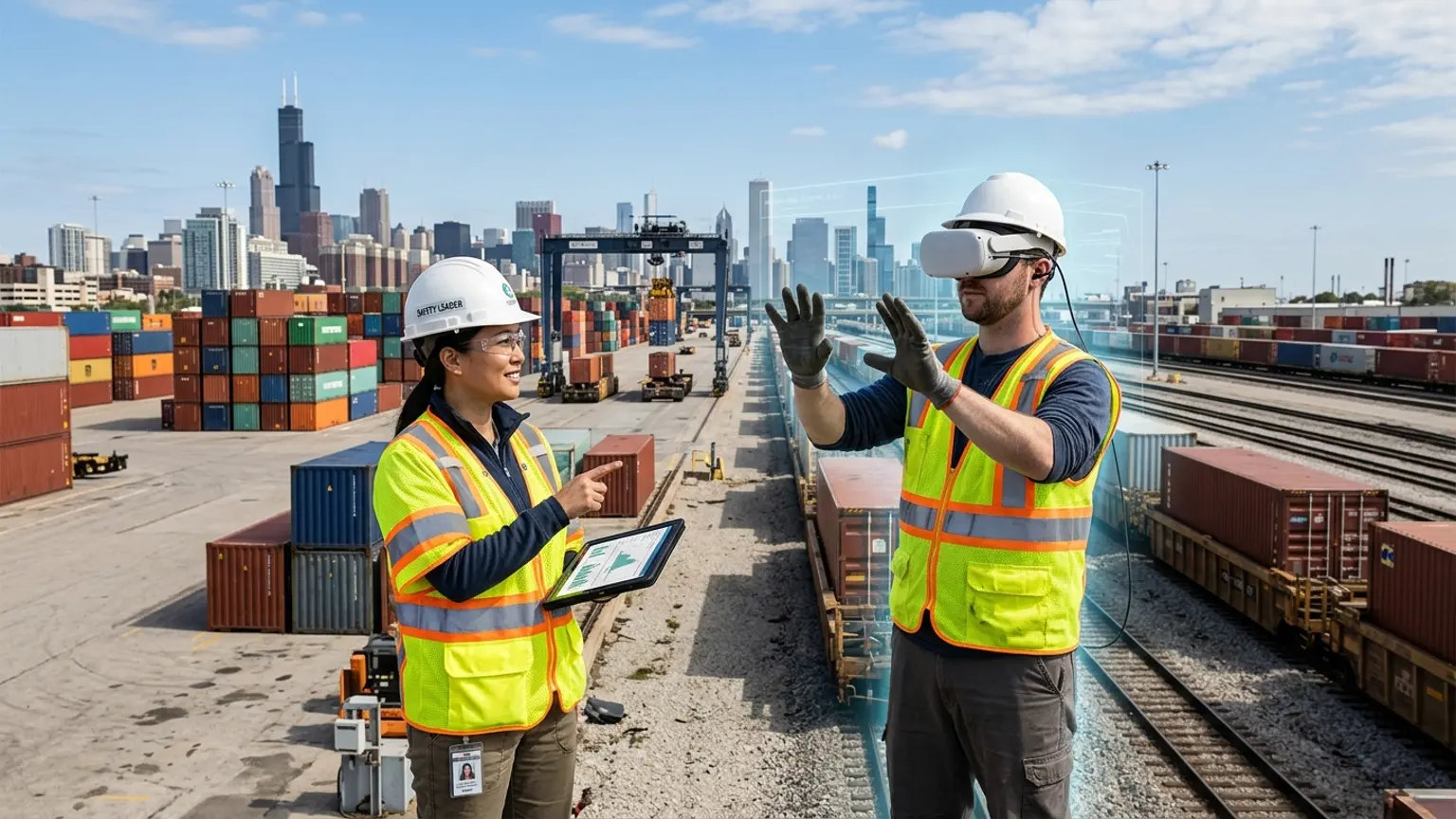 A workplace safety leader in Chicago, Illinois wearing a hard hat and hi-vis vest holds a tablet at a rail intermodal and construction site while a worker in a VR headset rehearses a forklift, lockout tagout, and fall protection procedure, showing how the best safety training companies in Chicago combine OSHA, construction, logistics and rail, and manufacturing safety training with immersive VR safety training across the region's freight, high-rise, and hospital economy, where The Prime VR builds custom virtual reality safety programs for Chicago logistics firms, manufacturers, and contractors to practice high-risk procedures under realistic conditions