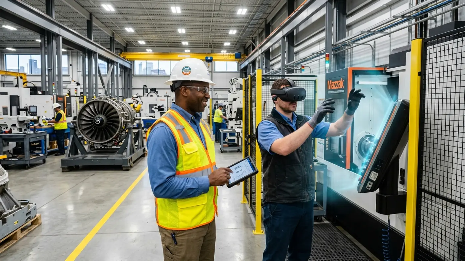 A workplace safety leader in Cincinnati, Ohio wearing a hard hat and hi-vis vest holds a tablet inside an advanced manufacturing and aerospace plant while a worker in a VR headset rehearses a lockout tagout, machine guarding, and forklift procedure, showing how the best safety training companies in Cincinnati combine OSHA, construction, manufacturing, and aerospace and logistics safety training with immersive VR safety training across the region's consumer goods, jet-engine, and distribution economy, where The Prime VR builds custom virtual reality safety programs for Cincinnati manufacturers, aerospace firms, and contractors to practice high-risk procedures under realistic conditions