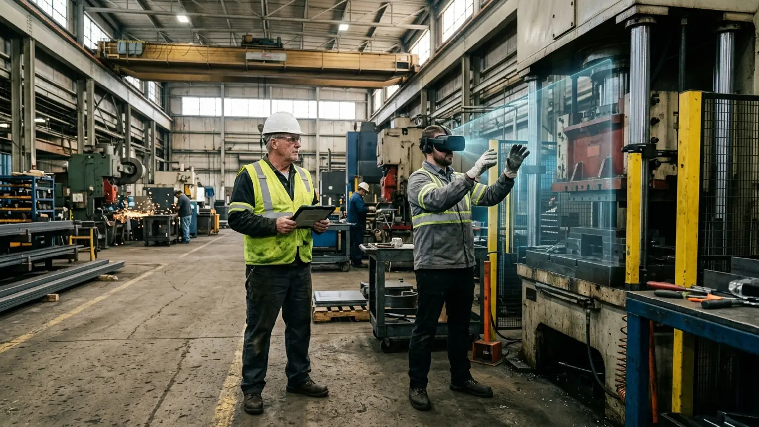 A workplace safety leader in Cleveland, Ohio wearing a hard hat and hi-vis vest holds a tablet inside a heavy manufacturing plant while a worker in a VR headset rehearses a lockout tagout, machine guarding, and confined space procedure, showing how the best safety training companies in Cleveland combine OSHA, construction, manufacturing, and healthcare safety training with immersive VR safety training across the region's industrial, hospital, and building economy, where The Prime VR builds custom virtual reality safety programs for Cleveland manufacturers, health systems, and contractors to practice high-risk procedures under realistic conditions
