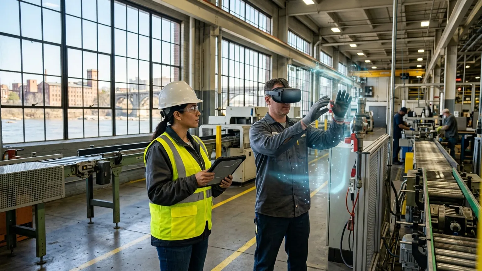 A workplace safety leader in Columbus, Georgia wearing a hard hat and hi-vis vest holds a tablet inside a manufacturing plant near the Chattahoochee River while a worker in a VR headset rehearses a lockout tagout, machine guarding, and confined space procedure, showing how the best safety training companies in Columbus combine OSHA, construction, manufacturing, and healthcare safety training with immersive VR safety training across the region's military, industrial, and building economy, where The Prime VR builds custom virtual reality safety programs for Columbus manufacturers, health systems, and contractors to practice high-risk procedures under realistic conditions