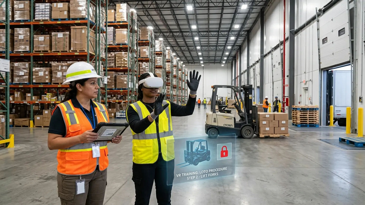 A workplace safety leader in Columbus, Ohio wearing a hard hat and hi-vis vest holds a tablet inside a large distribution warehouse while a worker in a VR headset rehearses a forklift, lockout tagout, and confined space procedure, showing how the best safety training companies in Columbus combine OSHA, construction, and warehouse and logistics safety training with immersive VR safety training across the region's distribution, manufacturing, and building economy, where The Prime VR builds custom virtual reality safety programs for Columbus distribution firms, manufacturers, and contractors to practice high-risk procedures under realistic conditions