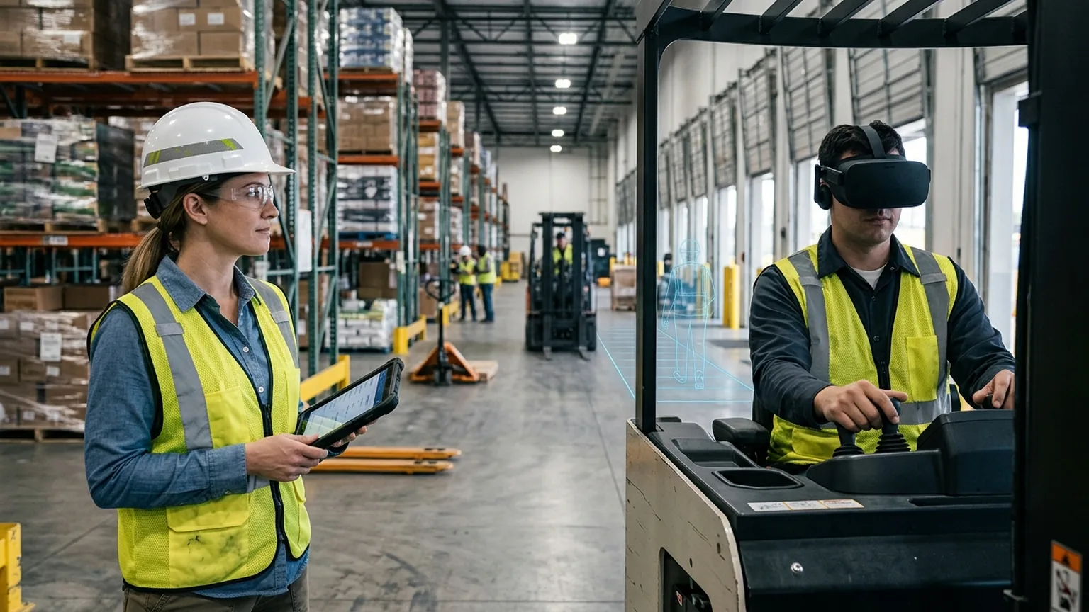 A workplace safety and EHS leader in Dallas, Texas wearing a hard hat and hi-vis vest holds a tablet in a large distribution warehouse while a forklift operator in a VR headset rehearses a dock and pedestrian safety procedure, showing how the best safety training companies in Dallas-Fort Worth combine OSHA, forklift and powered industrial truck certification with immersive VR safety training across logistics, warehousing and manufacturing employers, where The Prime VR builds custom virtual reality safety programs for Dallas operations to practice hazard recognition and emergency response under realistic conditions