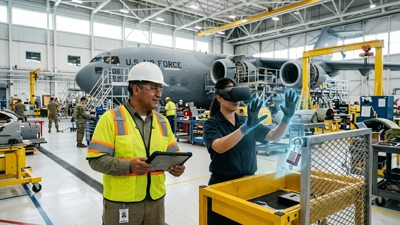 A workplace safety leader in Dayton, Ohio wearing a hard hat and hi-vis vest holds a tablet inside an aerospace and defense manufacturing facility near Wright-Patterson Air Force Base while a worker in a VR headset rehearses a lockout tagout, machine guarding, and confined space procedure, showing how the best safety training companies in Dayton combine OSHA, construction, aerospace and defense, and manufacturing safety training with immersive VR safety training across the region's federal, aviation, and building economy, where The Prime VR builds custom virtual reality safety programs for Dayton aerospace firms, manufacturers, and contractors to practice high-risk procedures under realistic conditions