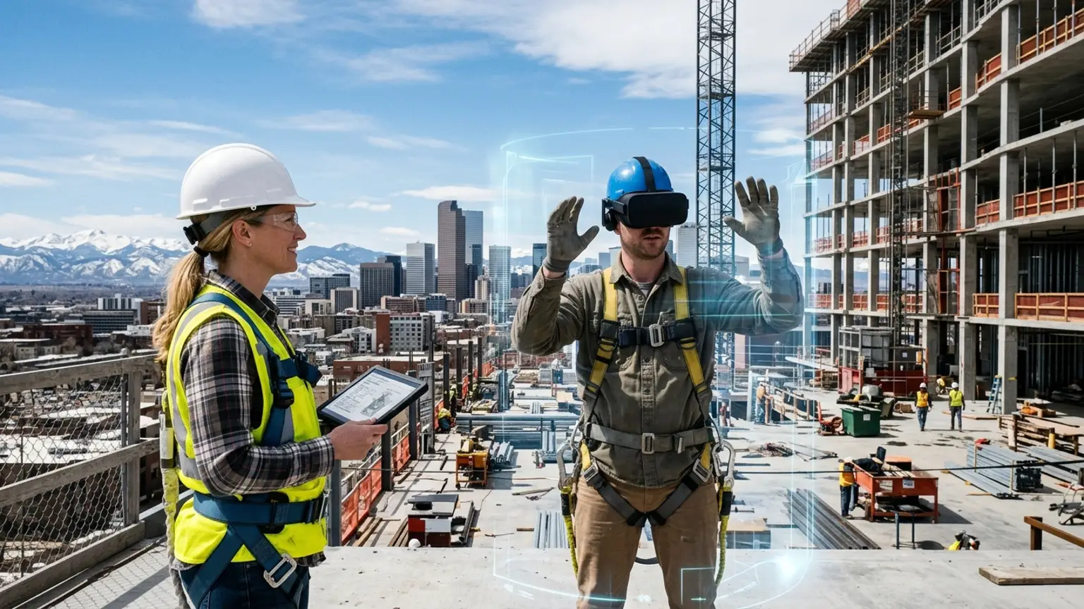 A workplace safety leader in Denver, Colorado wearing a hard hat and hi-vis vest holds a tablet at a high-rise construction and oil and gas site with the Rocky Mountains and Denver skyline behind while a worker in a VR headset rehearses a confined space, hot work, and fall protection procedure, showing how the best safety training companies in Denver combine OSHA, construction, oil and gas and energy, and aerospace safety training with immersive VR safety training across the region's building, energy, and space economy, where The Prime VR builds custom virtual reality safety programs for Denver contractors, energy operators, and aerospace firms to practice high-risk procedures under realistic conditions