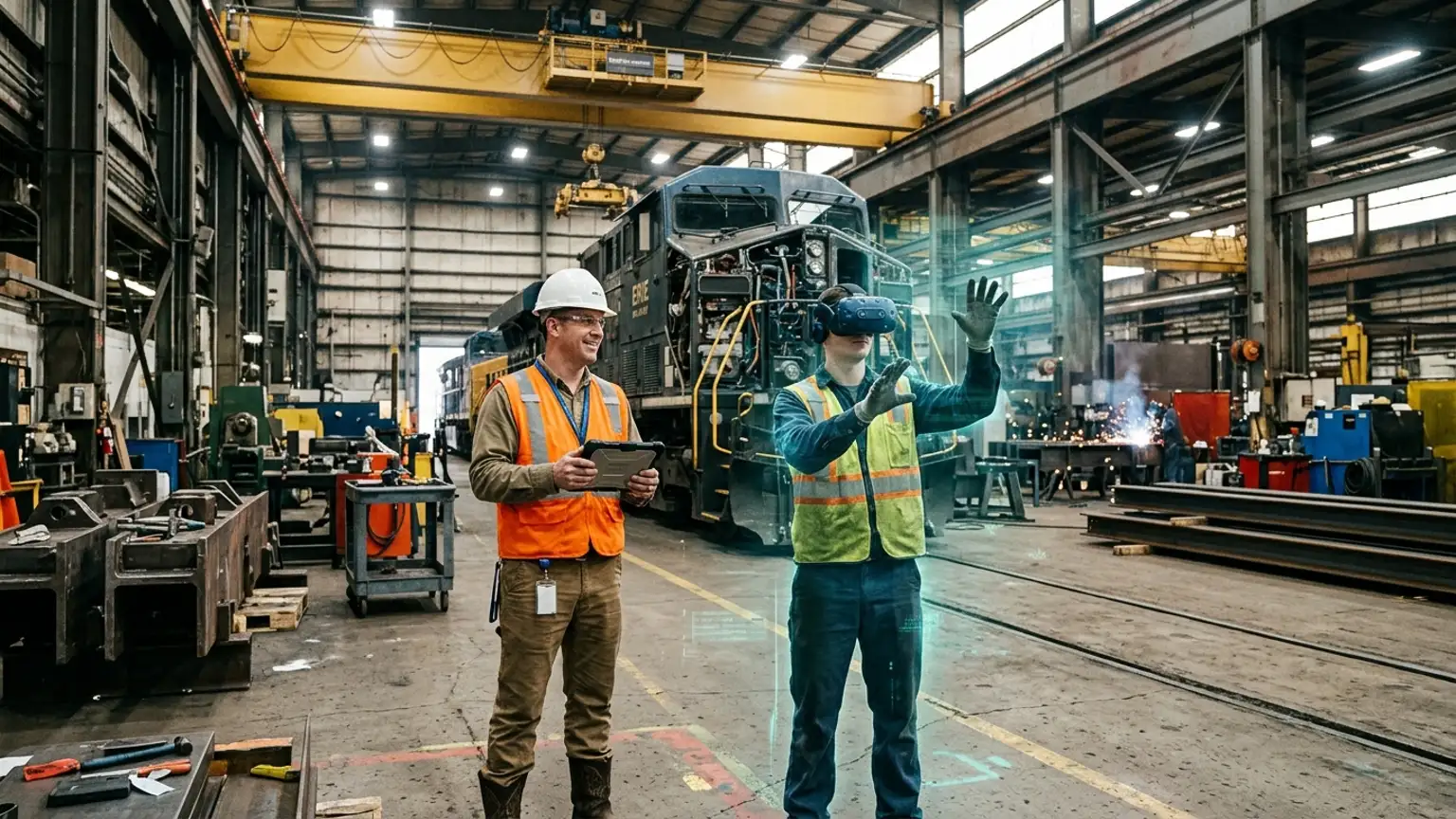 A workplace safety leader in Erie, Pennsylvania wearing a hard hat and hi-vis vest holds a tablet inside a heavy manufacturing and plastics tooling plant while a worker in a VR headset rehearses a lockout tagout, machine guarding, and confined space procedure, showing how the best safety training companies in Erie combine OSHA, construction, heavy manufacturing, and plastics and tooling safety training with immersive VR safety training across the region's locomotive, molding, and building economy, where The Prime VR builds custom virtual reality safety programs for Erie manufacturers and contractors to practice high-risk procedures under realistic conditions