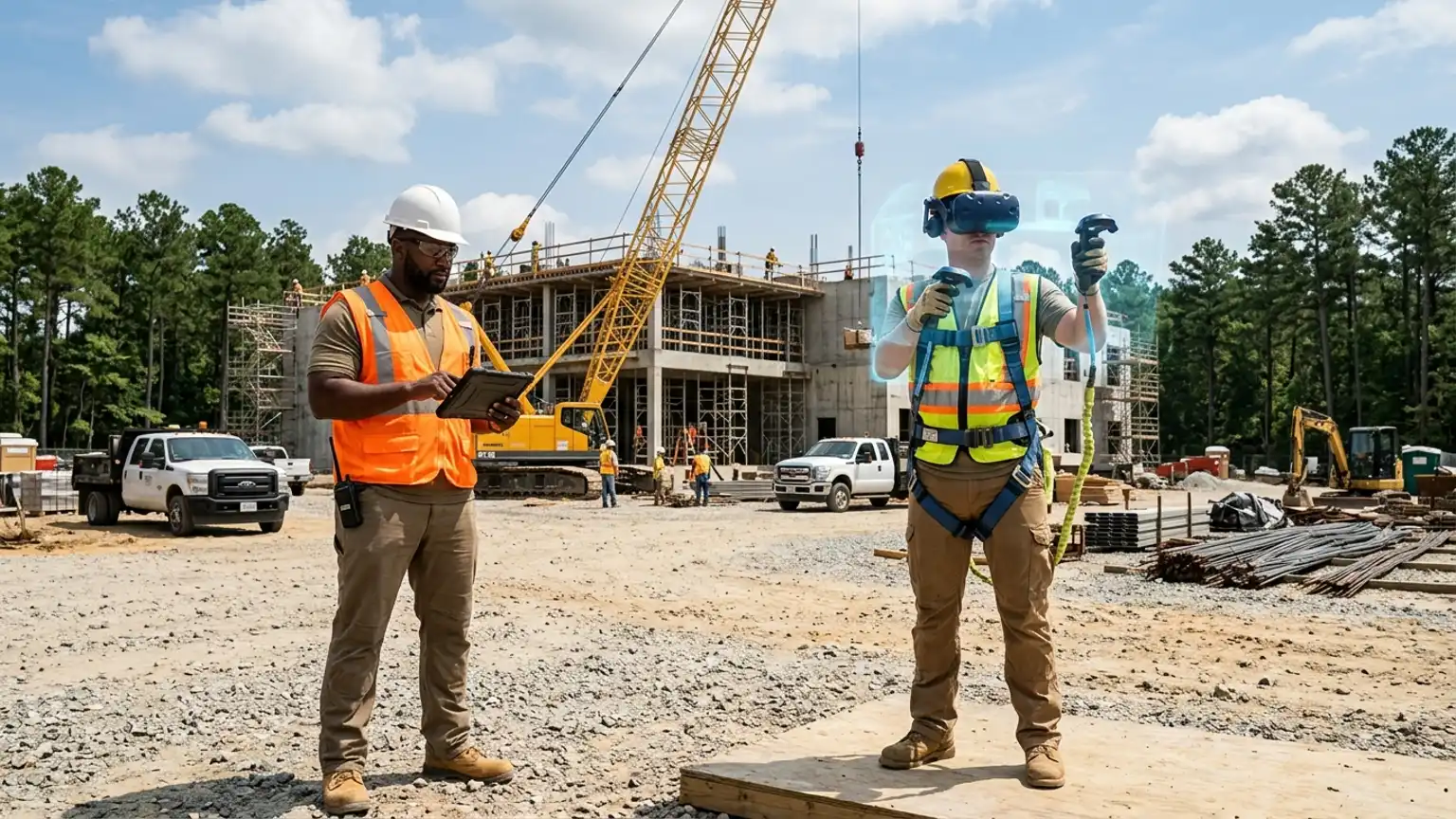 A workplace safety leader in Fayetteville, North Carolina wearing a hard hat and hi-vis vest holds a tablet at a federal base construction site while a worker in a VR headset rehearses a fall protection, lockout tagout, and confined space procedure, showing how the best safety training companies in Fayetteville combine OSHA, construction, defense and federal projects, and healthcare safety training with immersive VR safety training across the region's military, hospital, and building economy, where The Prime VR builds custom virtual reality safety programs for Fayetteville contractors, defense firms, and health systems to practice high-risk procedures under realistic conditions