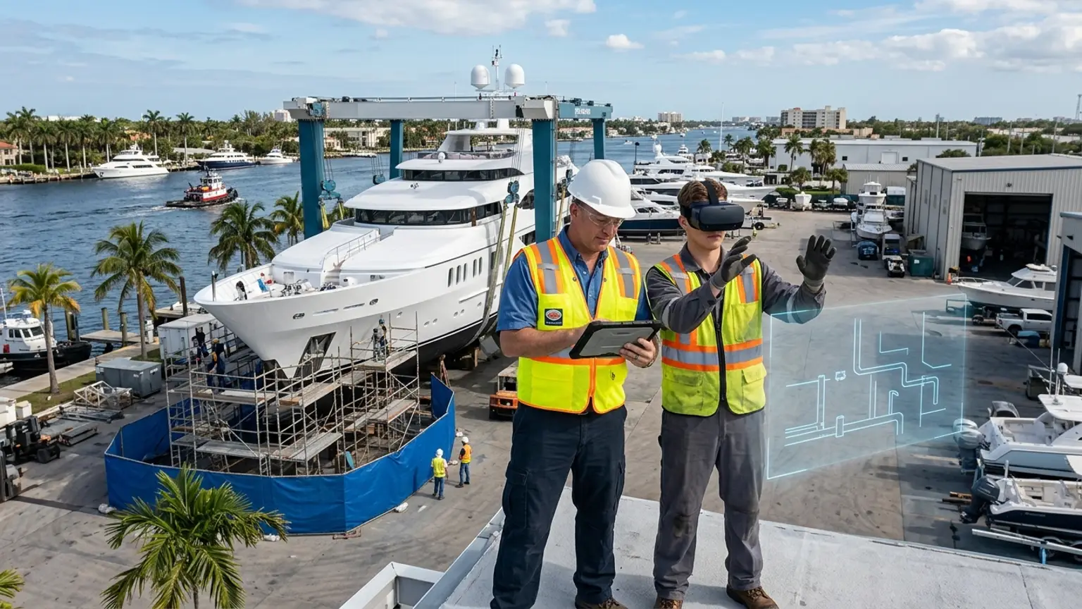 A workplace safety leader in Fort Lauderdale, Florida wearing a hard hat and hi-vis vest holds a tablet at a mega-yacht refit boatyard on the Intracoastal while a marine technician in a VR headset rehearses a confined space entry, hot work, and fall protection procedure, showing how the best safety training companies in Fort Lauderdale combine OSHA, construction, and marine and yacht industry safety training with immersive VR safety training across the region's yachting, boatyard, and hospitality economy, where The Prime VR builds custom virtual reality safety programs for Fort Lauderdale boatyards, contractors, and marine employers to practice high-risk procedures under realistic conditions