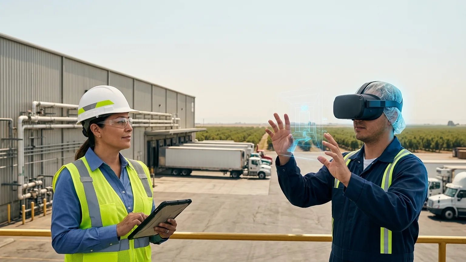 A workplace safety leader in Fresno, California wearing a hard hat and hi-vis vest holds a tablet at a Central Valley food processing and agricultural facility while a worker in a VR headset rehearses an ammonia refrigeration release and heat illness response procedure, showing how the best safety training companies in Fresno combine Cal/OSHA, HAZWOPER, heat illness and food processing safety training with immersive VR safety training across the San Joaquin Valley agriculture and food manufacturing economy, where The Prime VR builds custom virtual reality safety programs for Fresno employers to practice high-risk procedures under realistic conditions