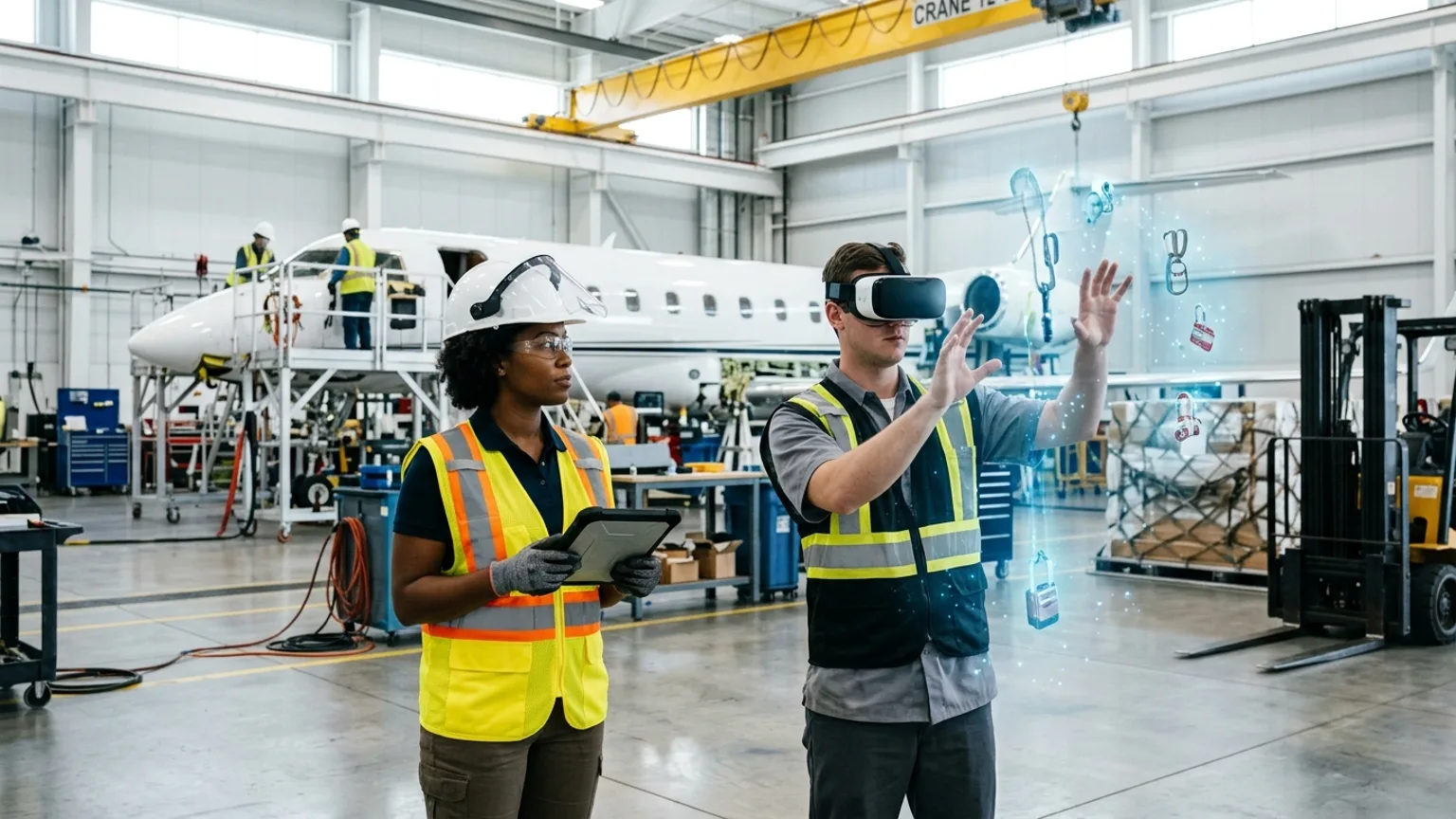 A workplace safety leader in Greensboro, North Carolina wearing a hard hat and hi-vis vest holds a tablet inside an aviation manufacturing and air cargo logistics facility while a worker in a VR headset rehearses a forklift, lockout tagout, and crane rigging procedure, showing how the best safety training companies in Greensboro combine OSHA, construction, aviation and logistics, and manufacturing safety training with immersive VR safety training across the region's air cargo, aerospace, and building economy, where The Prime VR builds custom virtual reality safety programs for Greensboro distribution firms, aviation plants, and contractors to practice high-risk procedures under realistic conditions