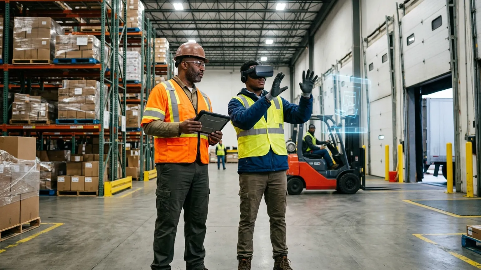 A workplace safety leader in Harrisburg, Pennsylvania wearing a hard hat and hi-vis vest holds a tablet inside a central Pennsylvania distribution warehouse while a worker in a VR headset rehearses a forklift, lockout tagout, and dock safety procedure, showing how the best safety training companies in Harrisburg combine OSHA, construction, warehouse and logistics, and healthcare safety training with immersive VR safety training across the region's distribution, government, and healthcare economy, where The Prime VR builds custom virtual reality safety programs for Harrisburg distribution firms, health systems, and contractors to practice high-risk procedures under realistic conditions