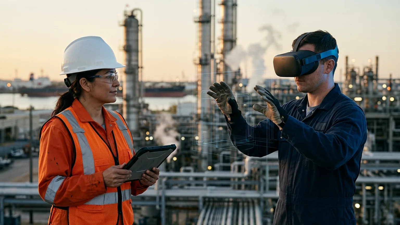 A workplace safety and EHS leader in Houston, Texas wearing a white hard hat and hi-vis orange flame-resistant coverall holds a tablet while a petrochemical worker in a VR headset rehearses a confined space entry procedure, showing how the best safety training companies in Houston combine OSHA, HAZWOPER and H2S training with immersive VR safety training along the Ship Channel refinery corridor, where The Prime VR builds custom virtual reality safety programs for Houston energy and petrochemical employers to practice process safety, hot work and emergency response under realistic conditions