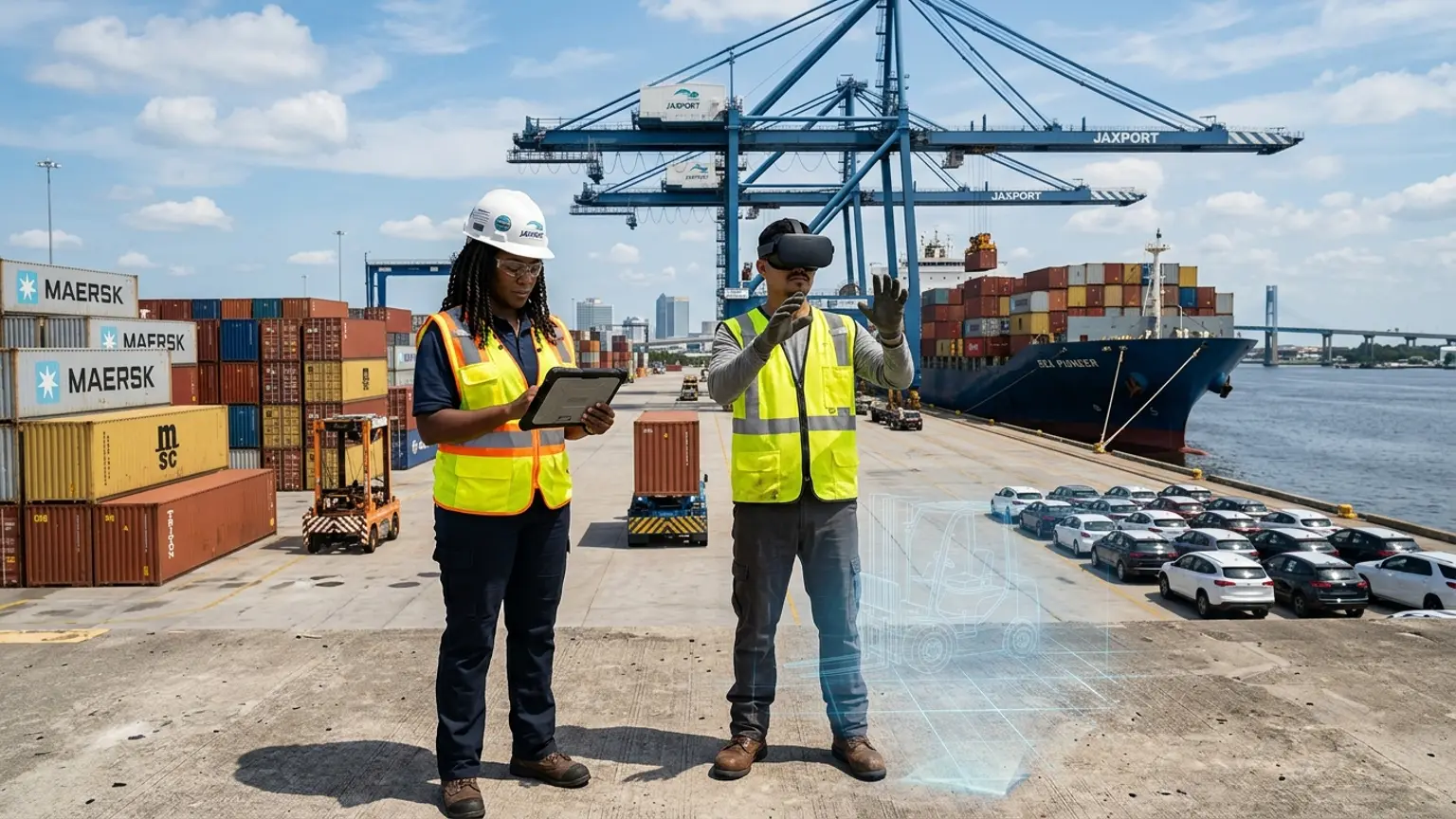 A workplace safety leader in Jacksonville, Florida wearing a hard hat and hi-vis vest holds a tablet at a JAXPORT maritime terminal and logistics yard while a dockworker in a VR headset rehearses a cargo handling, forklift, and confined space procedure, showing how the best safety training companies in Jacksonville combine OSHA, construction, maritime and port safety, and logistics and rail training with immersive VR safety training across the region's port, distribution, and Navy economy, where The Prime VR builds custom virtual reality safety programs for Jacksonville terminal operators, logistics firms, and contractors to practice high-risk procedures under realistic conditions