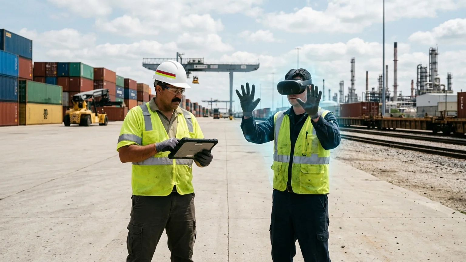 A workplace safety leader in Joliet, Illinois wearing a hard hat and hi-vis vest holds a tablet at a CenterPoint intermodal rail yard and refinery area while a worker in a VR headset rehearses a forklift, confined space, and lockout tagout procedure, showing how the best safety training companies in Joliet combine OSHA, construction, intermodal and logistics, and refining safety training with immersive VR safety training across the region's freight, petrochemical, and building economy, where The Prime VR builds custom virtual reality safety programs for Joliet intermodal firms, refineries, and contractors to practice high-risk procedures under realistic conditions