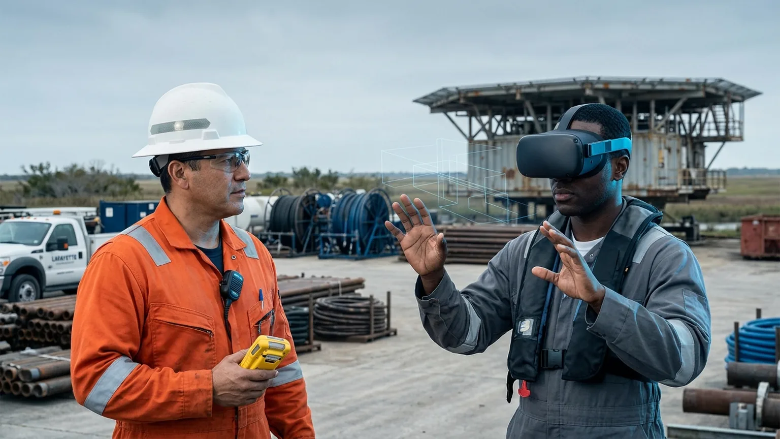 A workplace safety leader in Lafayette, Louisiana wearing a hard hat and flame-resistant coverall holds a gas monitor at an oilfield services yard while a worker in a VR headset rehearses an offshore muster and H2S response procedure, showing how the best safety training companies in Lafayette combine OSHA, HAZWOPER, SafeGulf, offshore survival and SEMS training with immersive VR safety training across the Gulf of Mexico oilfield services industry, where The Prime VR builds custom virtual reality safety programs for Acadiana operators to practice high-risk offshore and onshore procedures under realistic conditions