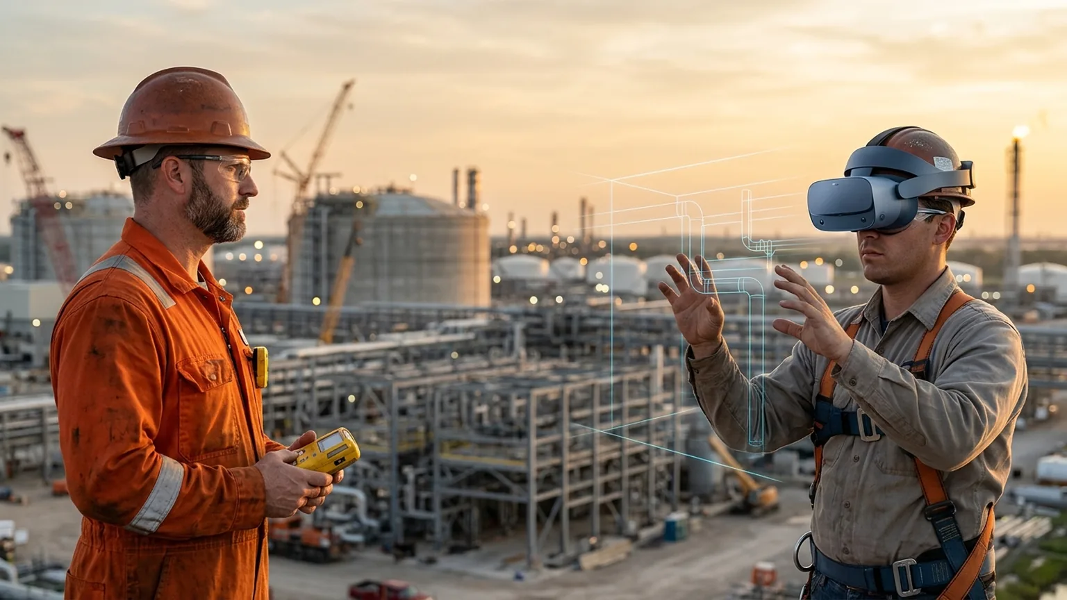 A workplace safety leader in Lake Charles, Louisiana wearing a hard hat and flame-resistant coverall holds a gas monitor at an LNG export terminal while a worker in a VR headset rehearses a confined space entry and emergency response procedure, showing how the best safety training companies in Lake Charles combine OSHA, HAZWOPER, contractor orientation and process safety training with immersive VR safety training across LNG, refining and petrochemical employers, where The Prime VR builds custom virtual reality safety programs for Southwest Louisiana projects to practice high-risk procedures under realistic conditions