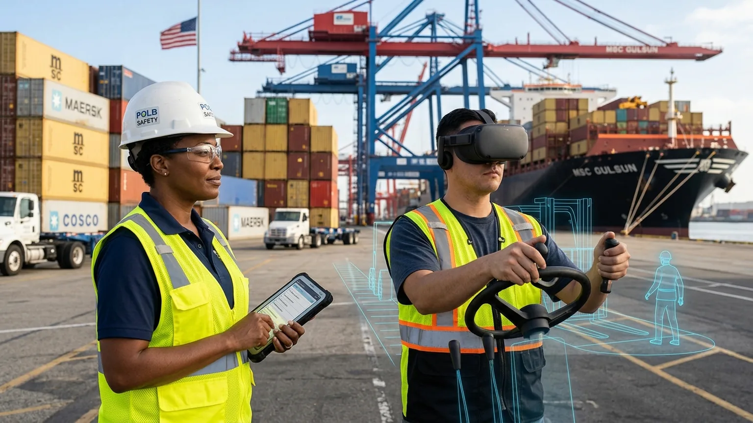 A workplace safety leader in Long Beach, California wearing a hard hat and hi-vis vest holds a tablet at the Port of Long Beach container terminal while a forklift and drayage worker in a VR headset rehearses a container-yard forklift and pedestrian safety procedure, showing how the best safety training companies in Long Beach combine Cal/OSHA, forklift, port logistics and urban oilfield safety training with immersive VR safety training across the port and goods-movement economy, where The Prime VR builds custom virtual reality safety programs for Long Beach employers to practice hazard recognition and emergency response under realistic conditions