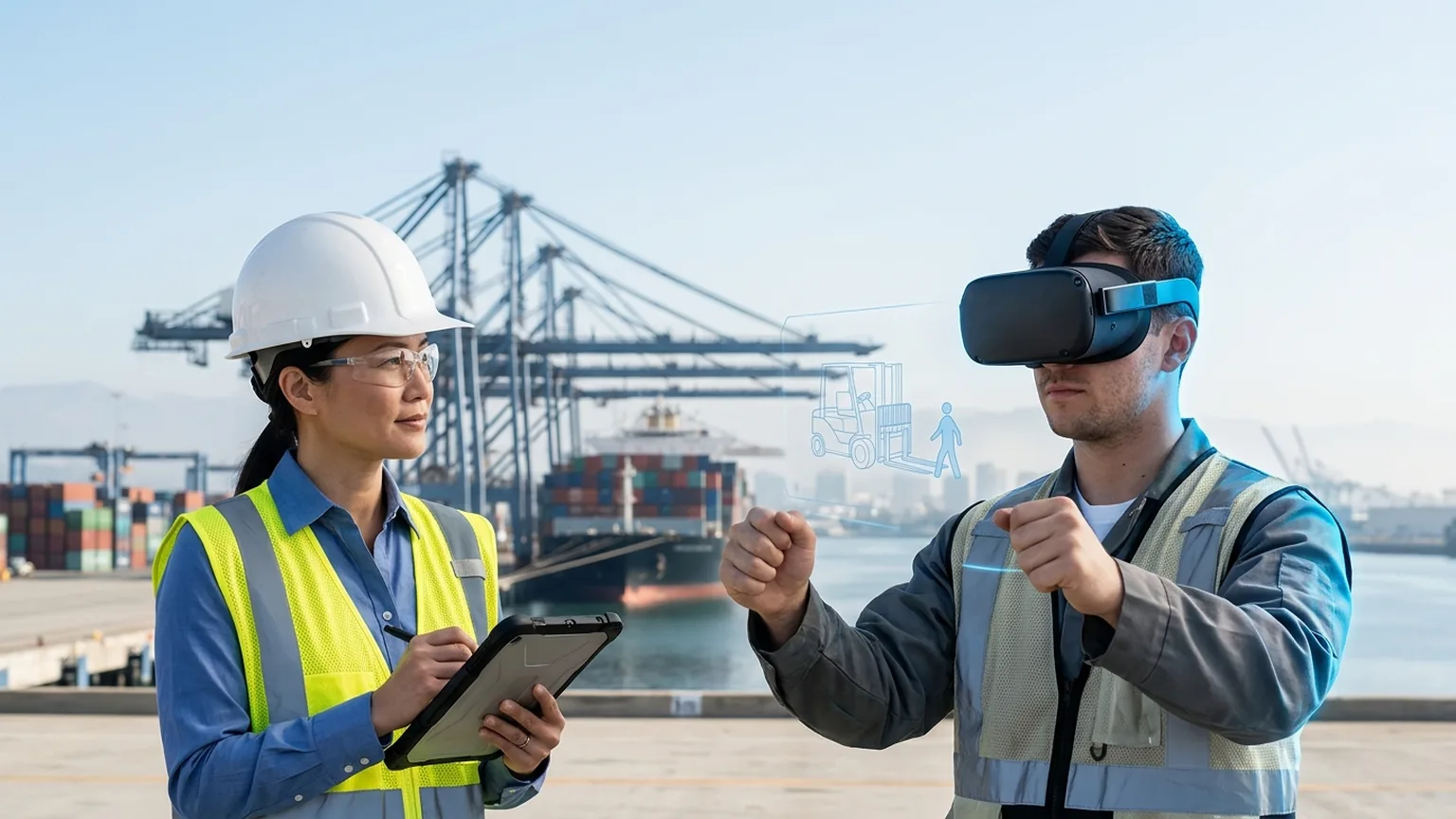 A workplace safety and EHS leader in Los Angeles, California wearing a hard hat and hi-vis vest holds a tablet at a port container terminal while a logistics worker in a VR headset rehearses a forklift and dock pedestrian safety procedure, showing how the best safety training companies in Los Angeles combine Cal/OSHA, forklift, warehouse and aerospace training with immersive VR safety training across the ports, logistics and manufacturing economy, where The Prime VR builds custom virtual reality safety programs for LA employers to practice hazard recognition and emergency response under realistic conditions